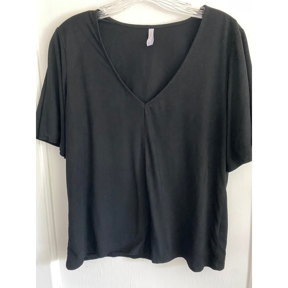 Z Supply Top Women Small Black V-Neck Faux Suede Short Sleeve